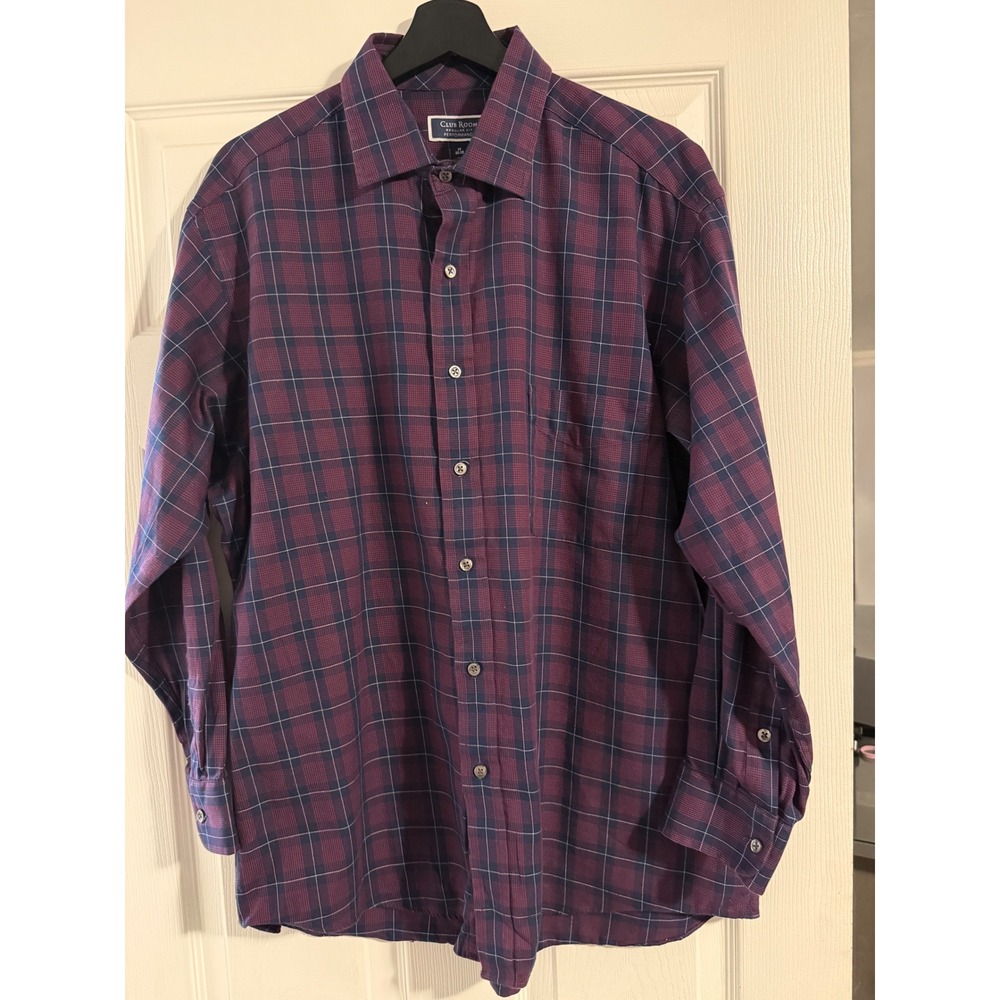 Club Room Mens Regular Fit Performance Plaid Dress Shirt Burgundy Navy 17 32-33